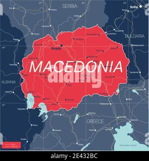 Paese Macedonia Mappa dettagliata modificabile con regioni città e città, strade e ferrovie, siti geografici. File vettoriale EPS-10 Illustrazione Vettoriale