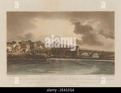 Stampa realizzata da Thomas Girtin, 1775â–1802, inglese, sulle rive della Marna sotto il ponte a Charenton, 1803. Acquatinto, colorato a mano. Soggetto architettonico , ponte (opera costruita) , paesaggio urbano , fiume. Charenton-le-Pont , Europa , Francia , Marne , Pont de Charenton-le-Pont , Valle della Marna , ÃŽle-de-France Foto Stock