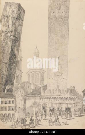 Sir Charles D'Oyly, 1781â–1845, inglese, attivo in India, Album di 30 visualizzazioni nel Tirolo e in Italia: Torri pendenti, Statua di San Francesco, Bologna 12 novembre 1840. Penna, pennello e inchiostro nero su grafite. Bologna , Tirolo Foto Stock