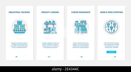 Logistica, trasporto industriale e illustrazione di vettore di consegna in tutto il mondo. UX, UI onboarding mobile app page set con attrezzatura gru di carico linea, automazione imballaggio, simboli di trasporto Illustrazione Vettoriale