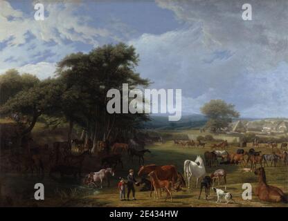 Jacques-Laurent Agasse, 1767â–1849, Svizzera, attiva in Gran Bretagna (dal 1800), Lord Rivers's Stud Farm, Stratfield Saye, 1807. Olio su tela. Arte animale , animali , ragazzi , bambini , nubi , cani (animali) , fattoria , fattoria , recinto , puledri , cavalli (animali) , paesaggio , luce , mares , ombra , paglia , alberi , villaggio. Inghilterra , Europa , Hampshire , Stratfield Saye , Regno Unito Foto Stock