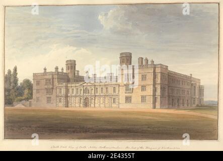 John Buckler FSA, 1770â–1851, British, South East View of Castle Ashby, Northamptonshire; sede del Marchese di Northampton, 1815. Acquerello e penna e inchiostro nero su carta di wove crema moderatamente spessa. Soggetto architettonico , finestre bovindo , castello , camini , casa di campagna , muli , parapetti , frontone , transomi (finestre) , finestre. Castle Ashby , Inghilterra , Europa , Northamptonshire , Regno Unito Foto Stock