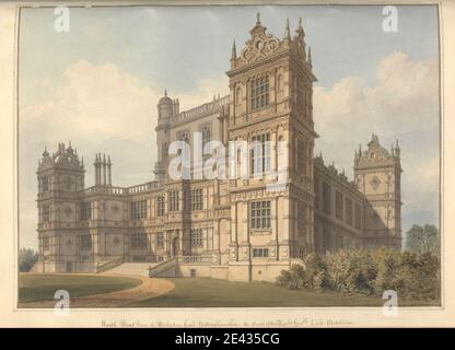 John Buckler FSA, 1770â–1851, British, North West View of Wollaton Hall, Nottinghamshire; la sede dell'hon'ble di destra Lord Middleton, 1812. Acquerello e penna e inchiostro nero su carta di wove crema di spessore moderato. Soggetto architettonico , balaustre , casa di campagna , Elisabettano , giacobino , mugnole , pilasters , torrette , finestre. Inghilterra , Europa , Nottinghamshire , Regno Unito , Wollaton Foto Stock