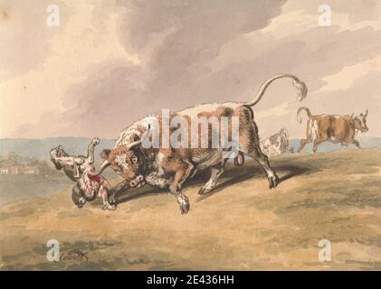 Samuel Howitt, 1756â–1822, British, UN toro che attacca un cane, senza dati. Acquerello, penna e inchiostro marrone e grafite su carta media, leggermente testurizzata, crema wove. Arte animale , attacco , tori , cane (animale) , campo Foto Stock