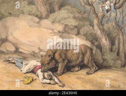 Samuel Howitt, 1756â–1822, British, UN orso che attacca un indiano caduto, senza oggetto. Acquerello, penna e inchiostro nero e grafite su carta di wove crema leggermente spessa. Arte animale , attacco , orso , uomini Foto Stock