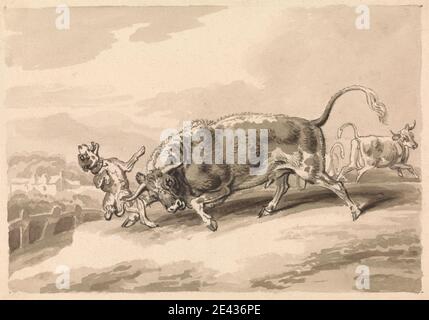 Samuel Howitt, 1756â–1822, British, Bull attacking Mastiff, senza dati. Penna e inchiostro nero, grafite, lavaggio grigio e lavaggio marrone su carta vacchetta di colore medio, leggermente testurizzata, crema. Arte animale , attacco , toro Foto Stock
