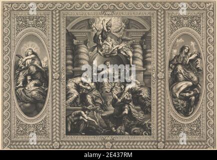 Simon Gribelin, 1662–1733, francese, attivo in Gran Bretagna, il soffitto della Banqueting House a Whitehall: Il Regno pacifico di James i, 1720. Incisione di linea su carta di spessore moderato, moderatamente testurizzata, crema. Abbondanza , allegoria , arco , soggetto architettonico , sala banchetti , colonne , cornice , cornicione (motivo) , costume , frutta , oro , pace , soggetto religioso e mitologico. Banqueting House , Città di Westminster , Inghilterra , Europa , Grande Londra , Londra , Regno Unito , Whitehall. Jones, Inigo (1573–1652), architetto e scenografo James VI e i (1566–1625), re Foto Stock