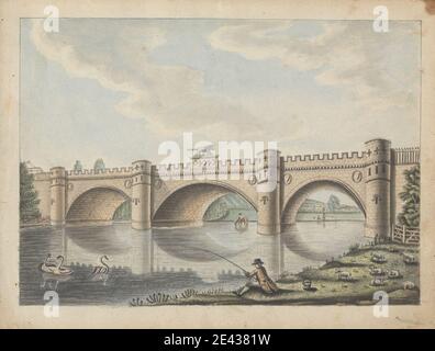 William Beilby, 1740â–1819, British, Bridge at Alnwick Castle, Northumberland, senza titolo. Acquerello su carta leggermente testurizzata, media, beige posata. Animali , soggetto architettonico , ponte (opera costruita) , castello , figure , pesca , leone , fiume , pecore , cigni. AlN , Alnwick , Alnwick Castle , Inghilterra , Europa , Northumberland , Regno Unito Foto Stock