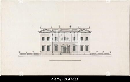 Attribuito a John Sanderson, attivo 1730â–morto 1774, britannico, Unidentified Country House: Elevazione posteriore, non identificato. Penna e inchiostro nero con lavaggio grigio su grafite su media, moderatamente testurizzata, crema scala barra di carta da 1/12 pollici a 1 piede. Soggetto architettonico , balaustre , colonne (elementi architettonici) , casa di campagna , finestre Diocleziane , elevazione (disegno) , urne , finestre Foto Stock