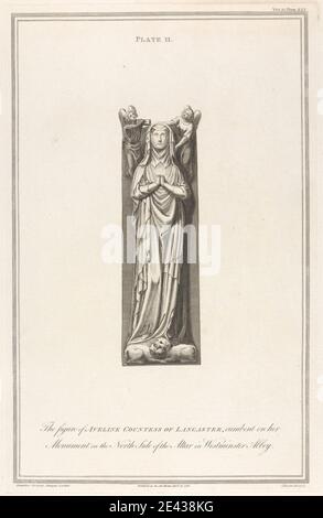 James Basire, 1769â–1822, British, An account of Some Ancient Monuments in Westminster Abbey, in Vetusta Monumenta, vol. 2: The Figure of Aveline Countess of Lancaster, Cumbent on Her Monument (Plate II), 1780. Incisione. Foto Stock