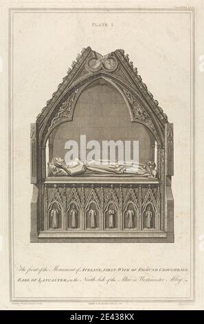 Attribuito a Sir Joseph Ayloffe, 1709â–1781, British, un conto di alcuni monumenti antichi dell'abbazia di Westminster, a Vetusta Monumenta, vol. 2: Il fronte del monumento di Aveline, prima moglie di Edmund Crouchback (piatto i), 1780. Incisione. Foto Stock