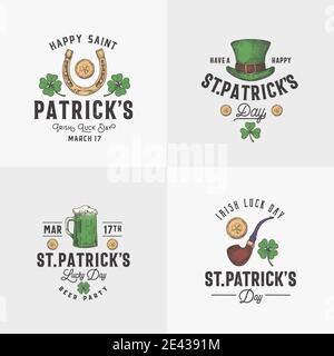 Set di modelli di etichette o logo del giorno di San Patrizio in stile vintage. Cappelli, monete, birra, pipe e foglie di Shamrock disegnati a mano con retro Illustrazione Vettoriale