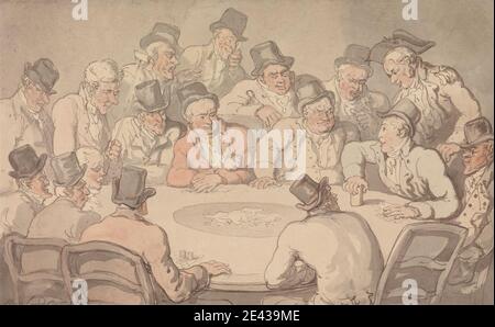 Thomas Rowlandson, 1756â–1827, British, The Gaming Table, 1801. Acquerello con penna e inchiostro marrone e grigio, su grafite moderatamente spessa, moderatamente testurizzata, carta wove crema. Sedie , chip, gioco d'azzardo , gioco d'azzardo chip , tavolo da gioco , genere oggetto , cappelli , interni , uomini , soldi , camera Foto Stock