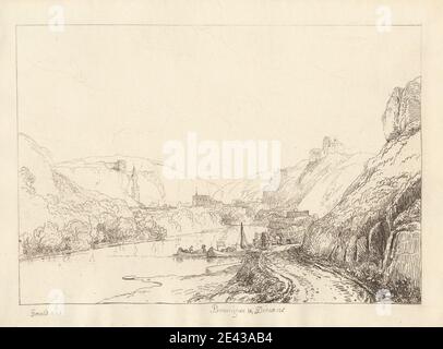 Stampa realizzata da George Arnald, 1763â–1841, British, Bouvignes and Dinant, 1822. Incisione su carta di wove crema moderatamente spessa, leggermente testurizzata. Barche , edifici , canoe , carico , chiesa , paesaggio urbano , scogliere , bandiera , forte , genere oggetto , colline , cavalli (animali) , paesaggio , uomini , montagne , cipolla dome , fiume , rive del fiume , strada , sampans , riva (landform) , guglia , commercio , trasporto , alberi , carri. Belgium , Collegiata di Notre-Dame , Dinant , Mosa , Namur , Vallonie Foto Stock