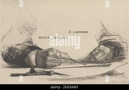 Francis Seymour Haden, 1818â–1910, British, Ã Laborum, 1865. Incisione e secchezza, con tono piatto su carta leggermente spessa, liscia, crema posata. Etcher , studio figura , genere soggetto , mani , natura morta Foto Stock