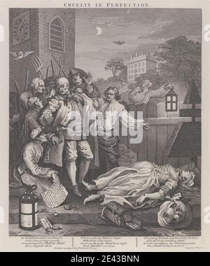 Stampa realizzata da William Hogarth, 1697â–1764, British, la terza fase della crudeltà: Crudeltà nella perfezione - The Murder, 1751, stampato il 1790. Incisione su carta spessa, bianca, liscia. Bat , cimitero , crudeltà , pugnale , morte , genere soggetto , tomba , cimitero , lapide , casa , coltello , lanterna , uomini , luna , omicidio , notte , gufo , lapide , topiario , tortura , alberi Foto Stock