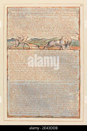 Stampa realizzata da William Blake, 1757â–1827, British, Jerusalem, Plate 33, voltando le spalle alla visione Divina...., dal 1804 al 1820. Incisione in rilievo stampata in arancione con penna e inchiostro nero e acquerello su carta di wove crema moderatamente spessa, liscia. Barba , campo , imbragatura , colline , leoni , tema letterario , uomini , buoi , aratro, giardino , soggetto religioso e mitologico , testo Foto Stock