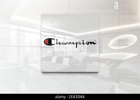 logo champion sulla placca riflettente da parete Foto Stock