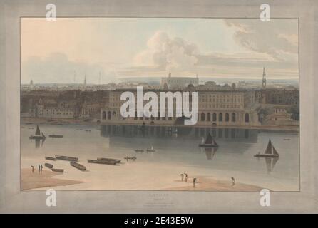 William Daniell, 1769â–1837, British, Plate V: London, Somerset House (da William Daniell's Six views of London; Thames Side), 1805. Acquatinto, colorato a mano. Foto Stock