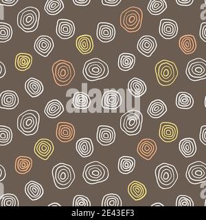 Stampa tessile motivo senza giunture. Disegno vettoriale con cerchi disegnati a mano. Colore bianco su marrone. Illustrazione Vettoriale