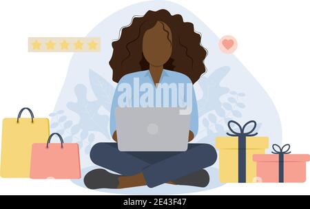 Donna nera seduta con computer portatile, regali e borse per la spesa. Concetto per lo shopping online. Illustrazione Vettoriale