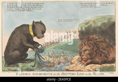 Charles Williams, attivo 1796â 1830, British, Foreign Amusements o The British Lion on the Watch, 1801. Acquaforte, colorata a mano. Foto Stock