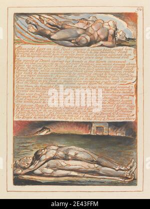 Stampa realizzata da William Blake, 1757â–1827, British, Jerusalem, Plate 94, Albion Cold Lays on His Rock...., dal 1804 al 1820. Incisione in rilievo stampata in arancione con penna e inchiostro nero e acquerello su carta color crema leggermente spessa. Arco , morto , morte , collina , tema letterario , uomini , lutto , soggetto religioso e mitologico , radici , sinews , pietra , sole , testo , donne Foto Stock