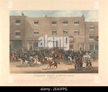 Charles Hunt, 1803â–1877, British, Steeple-Chasing [Set di sei]: St. Albans Grand Steeple Chase. / 8 marzo 1832. Piastra 1. Preparazione all'avvio .., 1832. Acquatinta stampata a colori, ad eccezione del cielo colorato a mano. Foto Stock