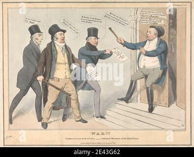 Stampa di John Doyle ('H.B.'), 1797–1868, Irlandese, Guerra !!! Inizio delle ostilità --movimento combinato delle potenze alleate, 1831. Litografia, colorata a mano su carta wove beige moderatamente spessa. Spezzata , costume , abito fantasia , lotta , genere soggetto , gesturing , giudice , lettere , uomini , carte , parlamento , parodia , politico , politici , protestare , corsa , satira , satirica , scettro , schizzi , bastoni , parlare , cappelli superiori , guerra , parrucca , finestre. Lee, William (fl. 1831), Alto Bailiff di Westminster Peter, Henry, primo barone Brougham e Vaux (1778-1868), politico/i. Foto Stock