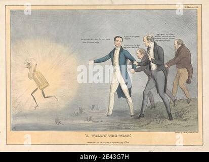 Stampa di John Doyle ('H.B.'), 1797–1868, irlandese, A Will o' The Wisp, 1831. Litografia, colorata a mano su carta wove beige moderatamente spessa, liscia. Borraccia , cappotti , illusione , lanterna , uomini , parodia , politica , politici , satira , schizzi , stella , parrucche , will-o'-the-wisp. Lambton, John George, i conte di Durham (1792-1840), deputato, Ambasciatore in Russia, Governatore Generale del Canada Peter, Henry, i Barone Brougham e Vaux (1778-1868), politico/statista Stewart, Charles William, III Marchese di Londonderry (1778-1854), KCB, GCB, generale e diplomatico Herbert, II conte di George Foto Stock