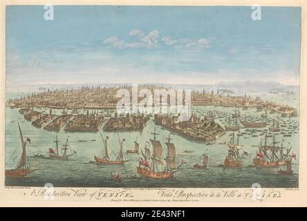 John Bowles, 1701â–1779, inglese, UNA vista prospettica di Venezia, non datata. Incisione colorata a mano su carta wove. Barche , paesaggio urbano , bandiere , isole , arte marina , barche a remi , navi. Europa , Italia , Venezia Foto Stock