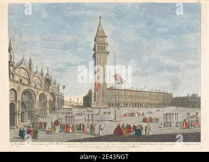 Nathaniel Parr, attivo 1742â–1751, britannico, il Grande luogo o Piazza di San Marco visto dal Grande Orologio. Sul lato sinistro si trova il portale della Chiesa di San Marco. Il magnifico edificio sul lato di fronte sono le abitazioni dei Procuratori di San Marco, non datate. Incisione colorata a mano su carta di wove: chiesa , paesaggio urbano , bandiere , uomini , palazzo , donne. Europa , Italia , Piazzetta di San Marco , Venezia Foto Stock