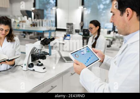 Vista laterale dello scienziato maschile che lavora con diagrammi che rappresentano i risultati di ricerca scientifica su tablet in laboratorio moderno con colleghi Foto Stock