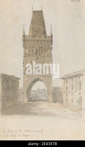 Sir Robert Smirke il giovane, 1781â–1867, inglese, Torre delle polveri, uno dei cancelli originali della città nella città di Praga, 1802-1804. Lavaggio marrone, lavaggio grigio e grafite su carta media, leggermente testurizzata, beige, wove. Foto Stock