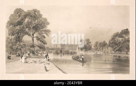 Stampa realizzata da Thomas Shotter Boys, 1803–1874, British, Buckingham Palace da St. James's Park, 1842. Litografia su spesso, liscio, carta crema. Arco , soggetto architettonico , architettura , uccelli , barca , bonnet (cappelli) , ragazzi , edifici , sedie , bambini , città , paesaggio urbano , cappotti , costume , abiti , anatre , famiglie , recinto , bandiere , oche , genere oggetto , gesto , ragazze , cappelli , lago , paesaggio , uomini , remi , palazzo , parco (terreni) , percorso , puntamento , passeggiata , punt (barca) , riva del fiume , canottaggio , riva (landform) , cigni , parlare , alberi , pantaloni , camminare , donne. Buckingham Foto Stock