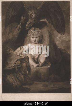 Stampa realizzata da John Raphael Smith, 1752â–1812, British, The Infant Jupiter, 1775. Mezzotint (terzo stato) su moderatamente spesso, moderatamente testurizzato, crema, carta posata. Bambino , nubi , aquila (uccello) , neonato , persico , rema (animale) , soggetto religioso e mitologico , rock , seduto , cielo , tuoni. Giove Foto Stock
