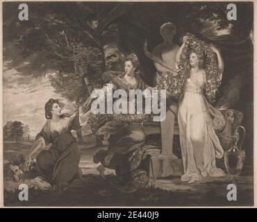 Stampa di Thomas Watson, 1743â–1781, British, l'onorevole Beresford con la Marchionessa Townshend e l'onorevole Gardiner adorando un termine di hymen, 1776. Mezzotint su moderatamente spessa, moderatamente testurizzata, beige, carta posata. Decorazione , abiti , fiori (piante) , ghirlande , dea , marchionessa , soggetto religioso e mitologico , sorelle , cielo , statua , termine , alberi , donne. Imen (dio del matrimonio) Foto Stock