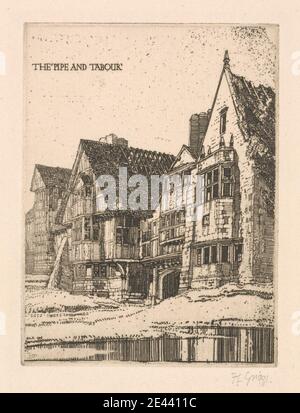 Frederick Landseer Maur Griggs, 1876â–1938, British, The Pipe and Tabour, 1916. Incisione. Arco , soggetto architettonico , finestre a bovindo , contrafforti , camini , diserici edifici , grasse , muratura , finals , gabelli , grasse , locanda , apertura (elemento architettonico) , piscina , travi , riflessi , tetti , ombre , scricchiolette , lapide , viti , finestre Foto Stock