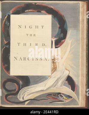 Stampa di William Blake, 1757â–1827, British, Young's Night Thoughts, pagina 43, Notte la terza, Narcissa., ca. 1797. Incisione e incisione a filo con acquerello su carta di wove di spessore moderato, leggermente testurizzata. Corone , abito , tema letterario , serpente , serpente , stelle , testo , donna Foto Stock