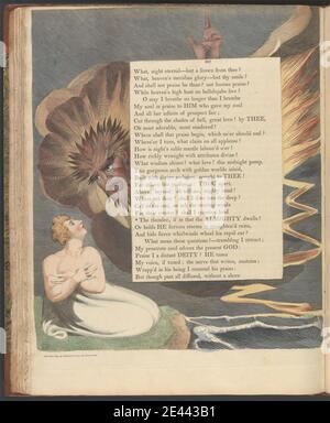 Stampa di William Blake, 1757â–1827, British, Young's Night Thoughts, pagina 80, il tuono se in quell'Onnipotente abita, ca. 1797. Incisione e incisione a filo con acquerello su carta d'oro di spessore moderato, leggermente testurizzata, crema. Erba , fulmine , tema letterario , uomini , testo , acqua Foto Stock