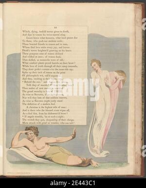 Stampa di William Blake, 1757â–1827, British, Young's Night Thoughts, pagina 93, se gli angeli tremano, 'ti a tale vista, ca. 1797. Incisione e incisione a filo con acquerello su carta d'oro di spessore moderato, leggermente testurizzata, crema. Angeli , tema letterario , uomini , testo Foto Stock