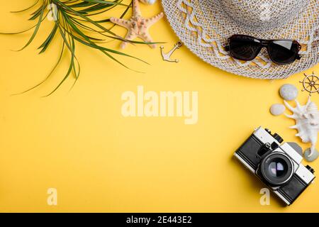 Foglie di palma, conchiglie e macchina fotografica su giallo Foto Stock