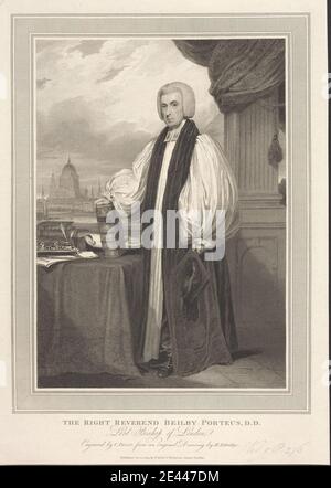 Charles Picart, c.1780â–1837, British, Reverendo Beilby Porteus, Lord Bishop of London, 1809. Incisione a pioli e incisione a linea su carta d'oro moderatamente spessa, moderatamente testurizzata, panna, balconata , bands , vescovo (prelato) , libri , edifici , pozzi d'inchiostro , uomo , mortarboard , ritratto , quills , soggetto religioso e mitologico , tippet Foto Stock