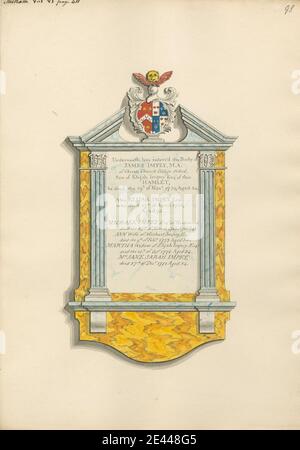 Attribuito a Daniel Lysons, 1762â–1834, British, Memorial a James Impey, Elia Impey, Michael Impey, Martha Impey e Jane Sarah Impey, tra il 1796 e il 1811. Penna e inchiostro nero, acquerello e gouache su grafite media, leggermente testurizzata, carta di wove crema. Soggetto architettonico , chiesa , memoriale. All Saints Church , Inghilterra , Fulham , Grande Londra , Londra , Regno Unito Foto Stock