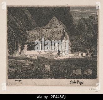 Frederick Landseer Maur Griggs, 1876â–1938, British, Stoke Poges, 1918. Incisione. Archi , soggetto architettonico , chiesa , cortile , nuvole , colonne , passerella coperta , porta , sera , Gable , erbe , erbe , paesaggio , luna , mossi , percorso , portico , tetto , ombre , scogli , cielo , legname , lapidi , tombstone , alberi , viti , pareti , finestra. Buckinghamshire , Inghilterra , St. Giles Parish Church , Stoke Poges , Regno Unito Foto Stock