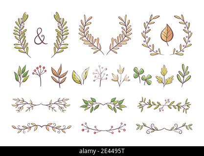 Ornamenti floreali colorati. Corone disegnate a mano e divisori di testo fatti di rami con foglie e bacche. Elementi isolati. Perfetto per invito ca Illustrazione Vettoriale