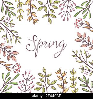 Scheda della molla. Foglie e bacche disegnate a mano sono isolate su sfondo bianco. Modello di carta floreale. Illustrazione vettoriale. Illustrazione Vettoriale