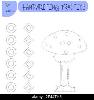 Un semplice gioco educativo per i bambini. Illustrazione fungo mosca agarico per bambini. La pratica della scrittura a mano. Illustrazione Vettoriale
