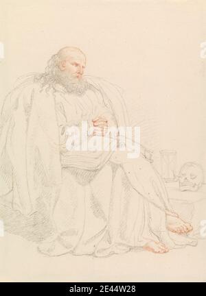 Edward Francis Burney, 1760â–1848, inglese, meditando St. Jerome, senza nome. Grafite e gesso rosso su carta media, leggermente testurizzata, crema di wove. Libri , clessidra , meditazione , ritratto , soggetto religioso e mitologico , santi , cranio (componente scheletrica) Foto Stock