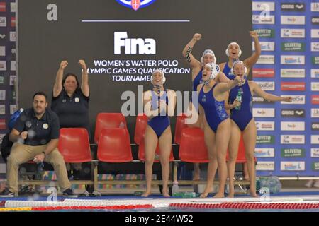 Trieste, Italia. 21 gennaio 2021. Essultazione Israele durante il torneo femminile di qualificazione del gioco olimpico di Waterpolo - Israele contro Kazakistan, Giochi olimpici di Trieste, Italia, gennaio 21 2021 Credit: Independent Photo Agency/Alamy Live News Foto Stock